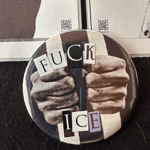 Hand made art collage political Statement Button with Bold Text